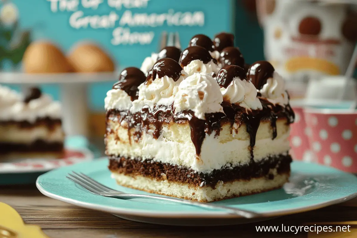 A luxurious slice of layered cake with whipped cream, chocolate ganache, and chocolate truffle toppings, served on a blue plate with a fork.