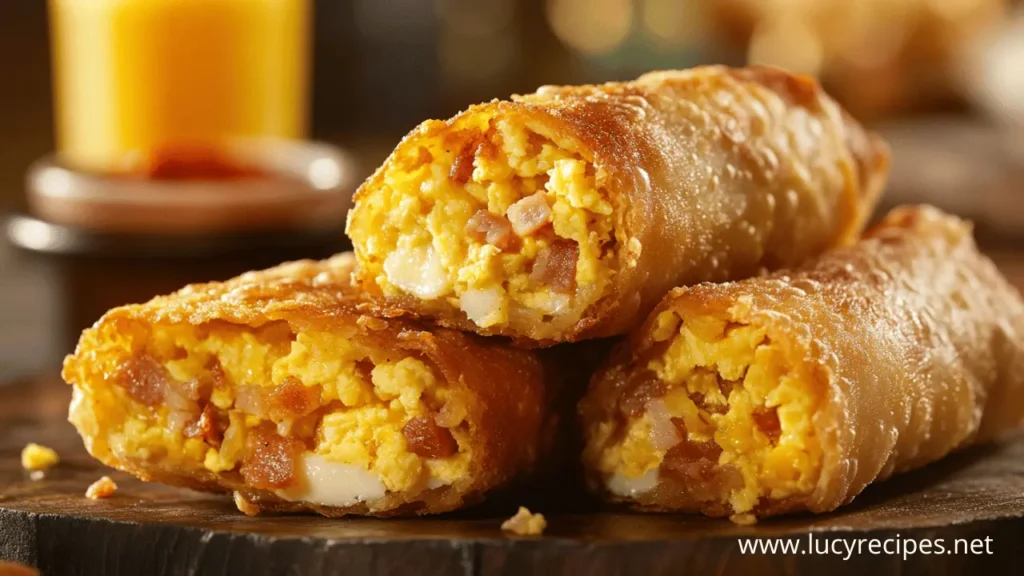 Crispy breakfast egg rolls filled with scrambled eggs, bacon, and cheese, served hot and golden brown.