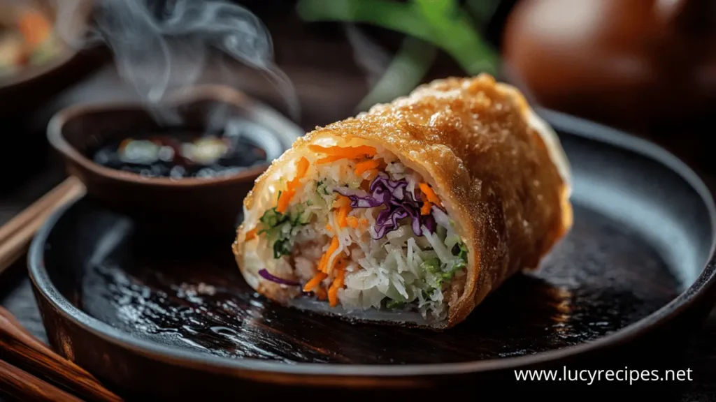 A freshly fried, crispy egg roll cut in half, revealing a colorful filling of shredded carrots, purple cabbage, rice noodles, and herbs. Are egg rolls junk food or not?