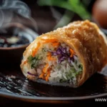 A freshly fried, crispy egg roll cut in half, revealing a colorful filling of shredded carrots, purple cabbage, rice noodles, and herbs. Are egg rolls junk food or not?