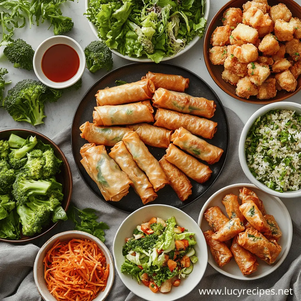 A beautifully arranged spread of crispy egg rolls on a plate, surrounded by fresh salads, broccoli, shredded carrots, rice, and dipping sauce. Are egg rolls junk food or not?