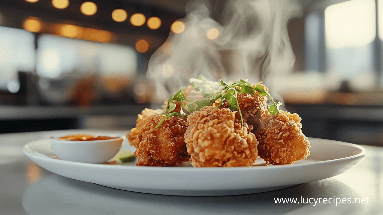 Perfect Crispy Chicken served hot on a plate, featuring golden, crunchy fried pieces garnished with fresh greens and accompanied by a side of dipping sauce in a modern kitchen setting.