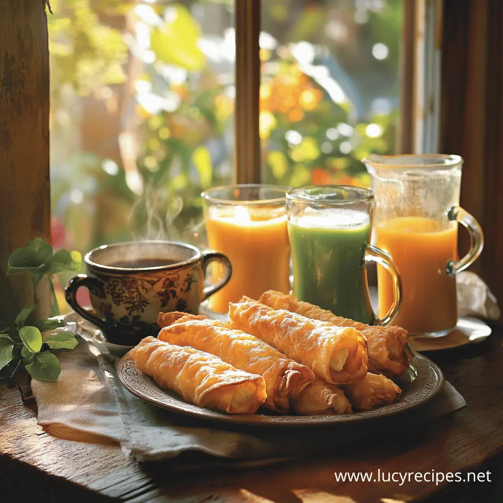 A cozy breakfast scene with golden, crispy cheese rolls served on a rustic plate, accompanied by a steaming cup of coffee and fresh orange and green juices near a sunlit window.