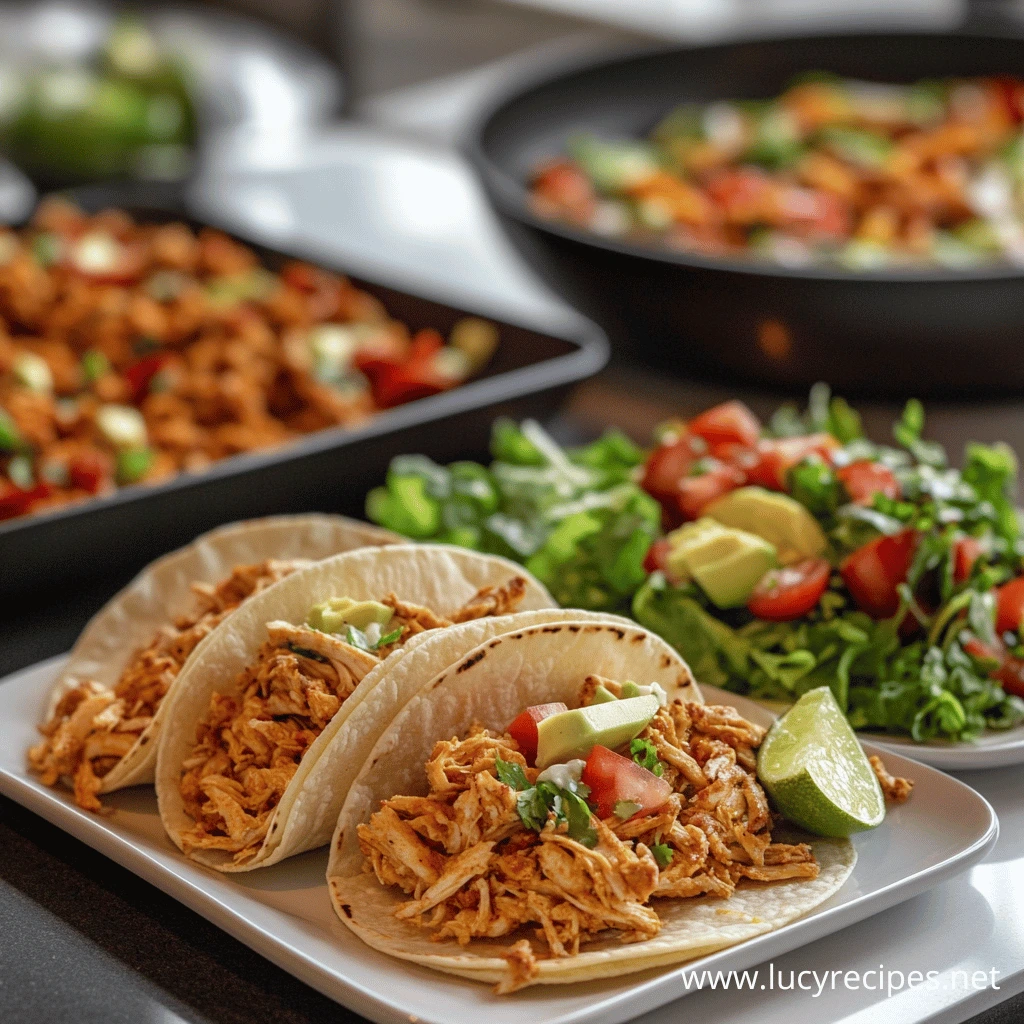 Three soft tacos filled with crispy shredded chicken, topped with diced avocado and tomatoes, served with a fresh salad and lime wedges.