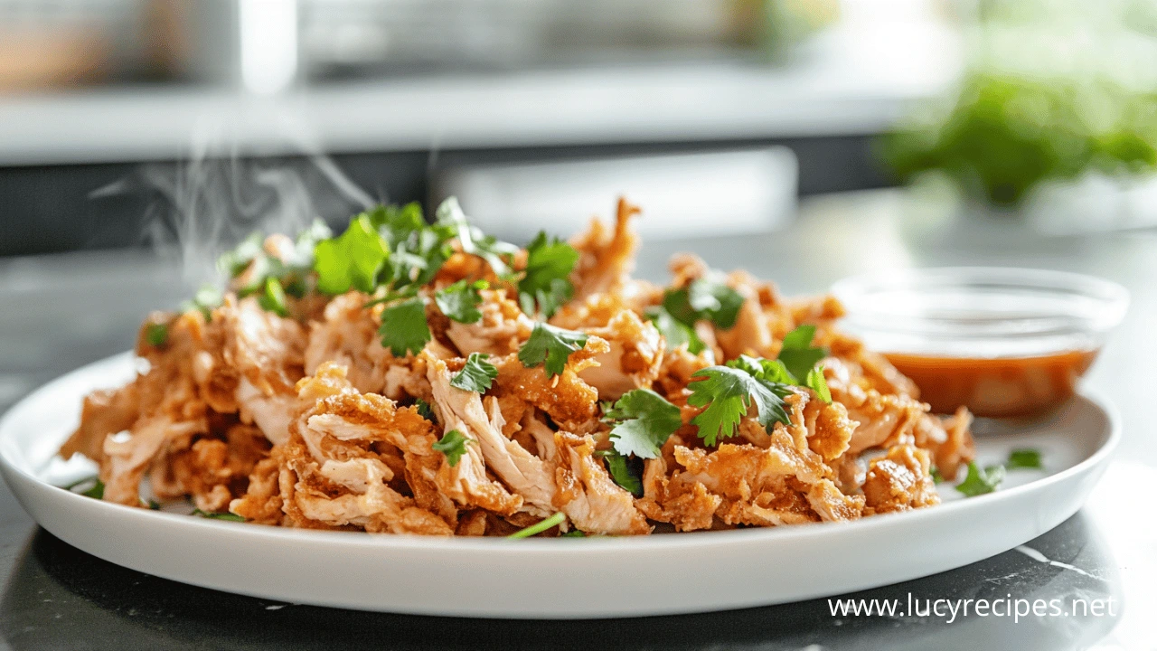 Plate of crispy shredded chicken garnished with fresh cilantro, served with a side of dipping sauce.