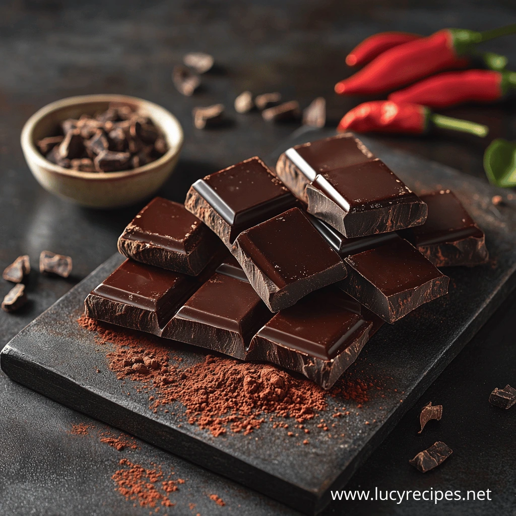 How to make chilli chocolate ice cream? A stack of rich, dark chocolate bars with a glossy texture, dusted with cocoa powder, and paired with red chili peppers on a dark stone surface.