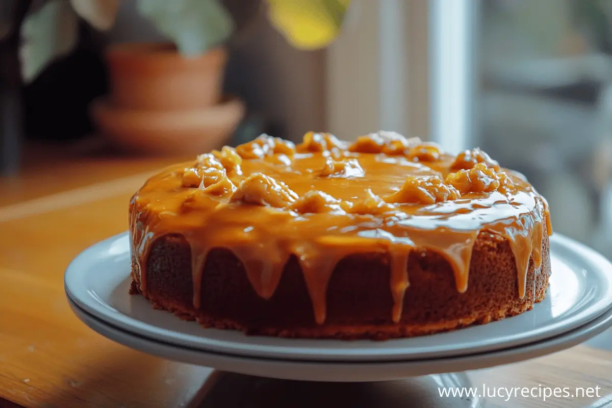 A close-up of a round pumpkin cake covered with a smooth caramel glaze and topped with chopped walnuts, presented on a white plate in a cozy indoor setting