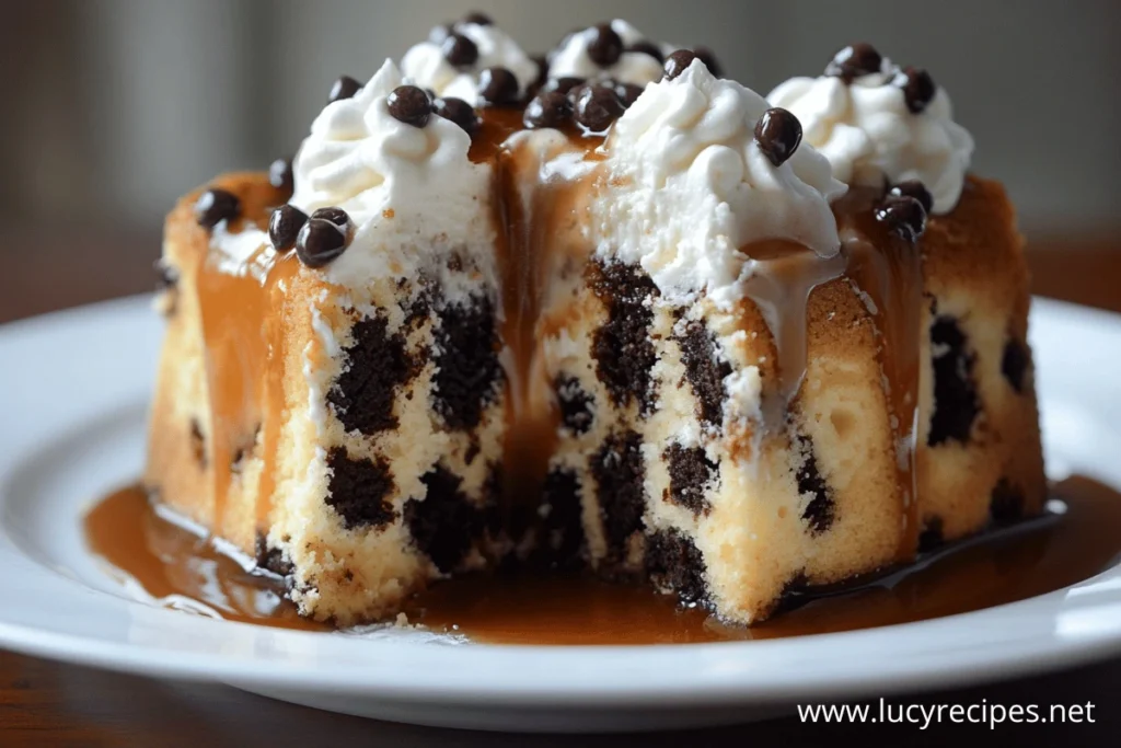 A close-up of a chocolate chip cake with a rich caramel drizzle, topped with whipped cream and chocolate chips, addressing the question Do Poke Cakes Get Soggy.