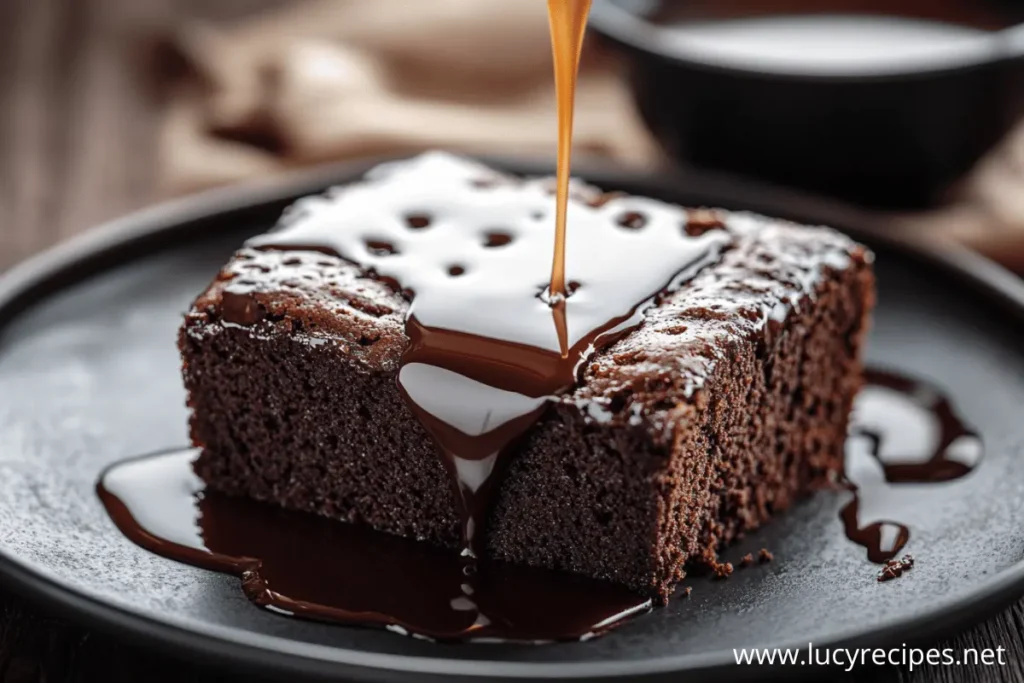 A rich chocolate fudge cake slice topped with smooth chocolate syrup, served on a black plate, with a stream of syrup being poured over the top, exploring the question Why Is It Called A Poke Cake.