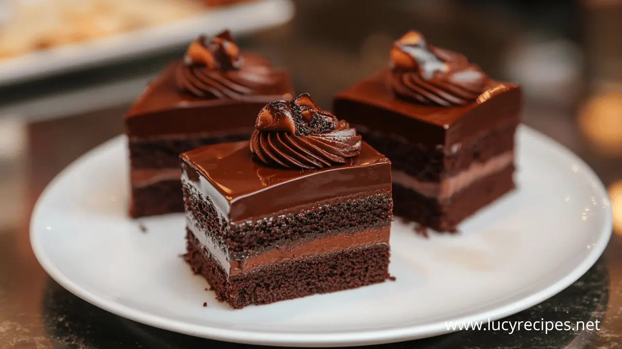 Rich and moist chocolate fudge cake slices topped with glossy chocolate ganache and piped chocolate frosting, served on a white plate.