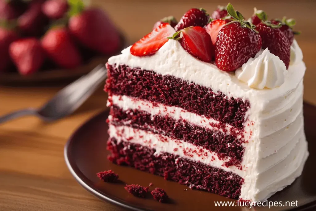 A close-up of a slice of red velvet cake topped with fresh strawberries and cream, placed on a dark plate.