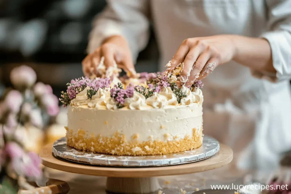 Close-up of hands decorating a creamy white cake with purple flowers on a wooden stand.