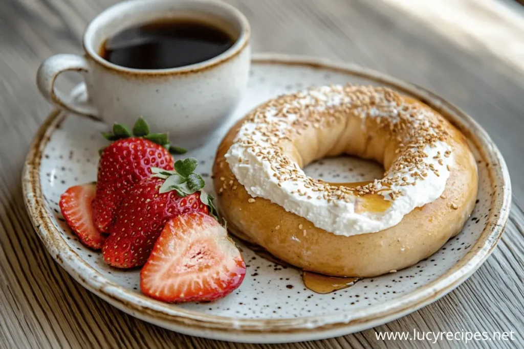 What Goes With Cream Cheese On A Bagel: Sesame bagel topped with cream cheese, sesame seeds, honey drizzle, served with fresh strawberries and black coffee on a rustic plate.