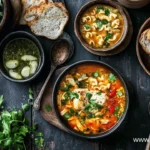 A vibrant display of a chicken noodle soup surrounded by fresh ingredients like parsley, pasta, garlic, and bread on a rustic dark wooden table.