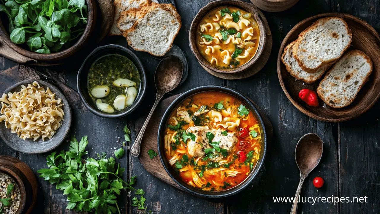 A vibrant display of a chicken noodle soup surrounded by fresh ingredients like parsley, pasta, garlic, and bread on a rustic dark wooden table.