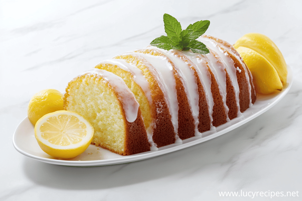 A lemon cake with white glaze drizzled on top, garnished with fresh mint leaves and lemon slices on a white plate.