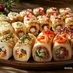 A beautifully arranged platter of assorted savory rolls with various fillings, including vegetables, cheese, meats, and herbs. What should I put in a roll? Get inspired by this colorful and delicious appetizer.