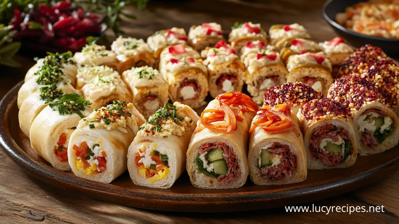 A beautifully arranged platter of assorted savory rolls with various fillings, including vegetables, cheese, meats, and herbs. What should I put in a roll? Get inspired by this colorful and delicious appetizer.