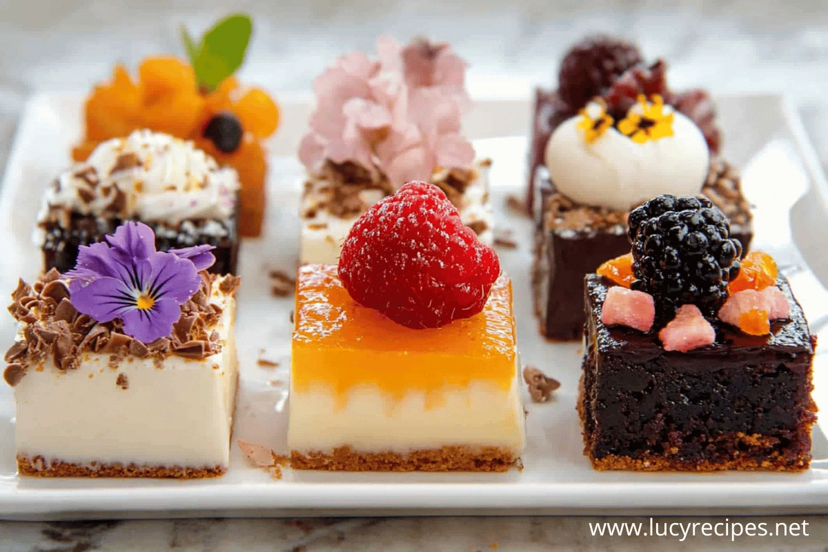 A platter of colorful mini desserts topped with fresh fruits, edible flowers, and chocolate shavings.