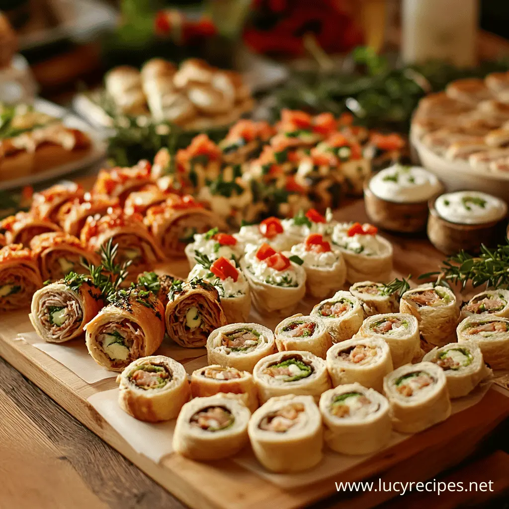 A beautifully arranged wooden board featuring a variety of gourmet rolls with creamy cheese, fresh vegetables, seasoned meats, and herbs. What should I put in a roll? Get inspired by these creative and delicious bite-sized appetizers.