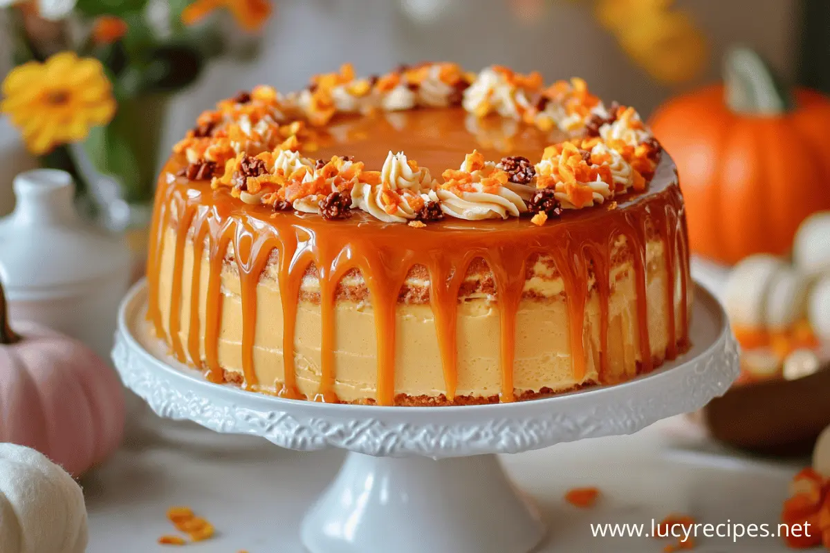 A beautifully decorated pumpkin caramel drip cake on a white cake stand, with rich caramel dripping down the sides, topped with whipped cream swirls, orange sprinkles, and nuts, set against a cozy fall background with pumpkins and flowers.