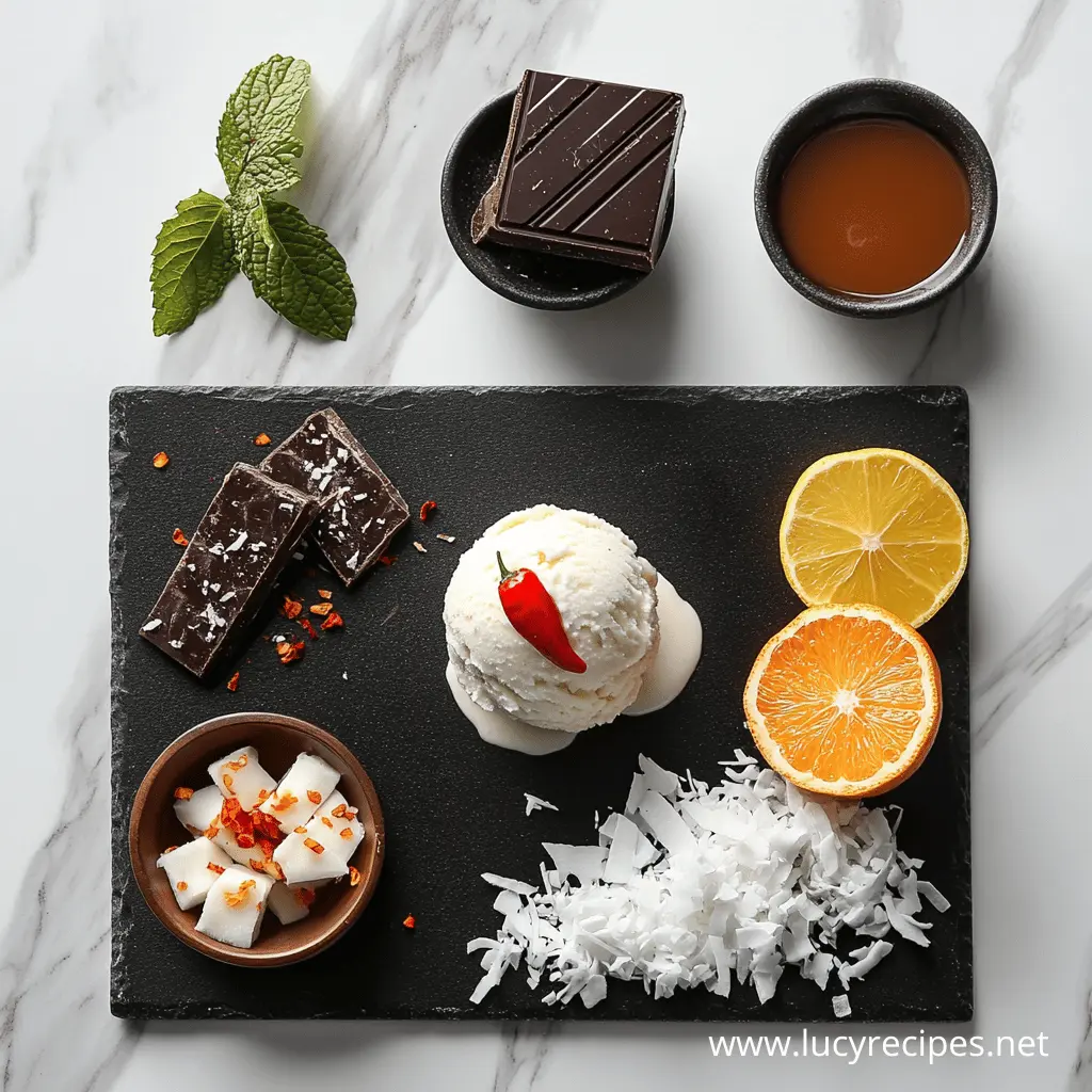 A gourmet presentation of chili ice cream, topped with a red chili pepper, served with dark chocolate, coconut flakes, citrus slices, and a drizzle of honey on a black slate board.