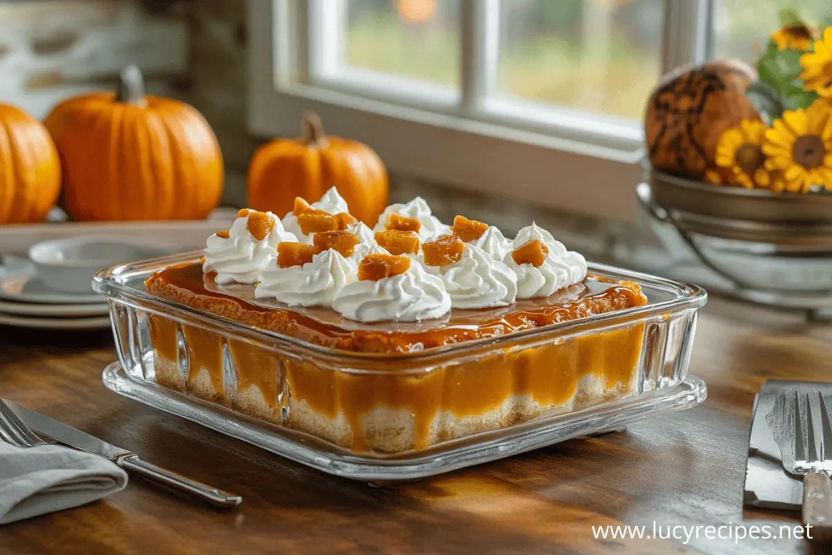 A glass dish filled with layered pumpkin caramel dessert topped with whipped cream and caramel chunks, set on a wooden table with pumpkins and sunflowers in the background