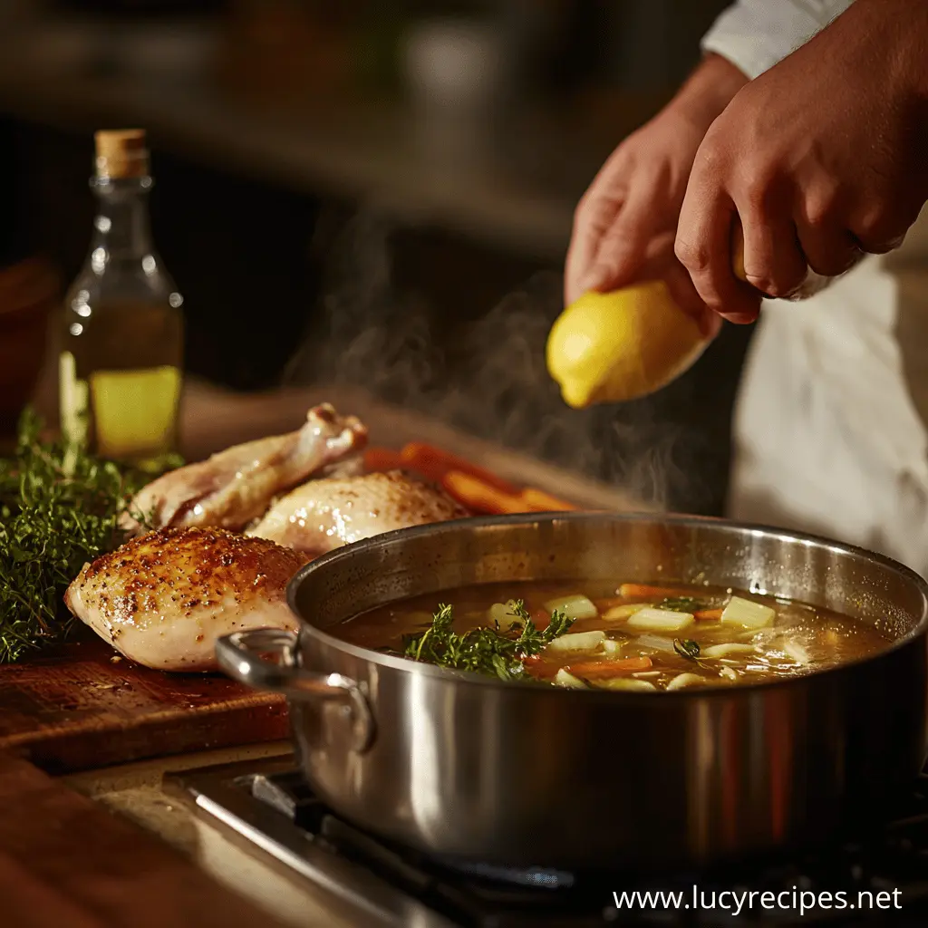 A chef squeezes fresh lemon into a steaming pot of chicken noodle soup, enhancing the flavors of roasted chicken, vegetables, and herbs for a comforting homemade dish.