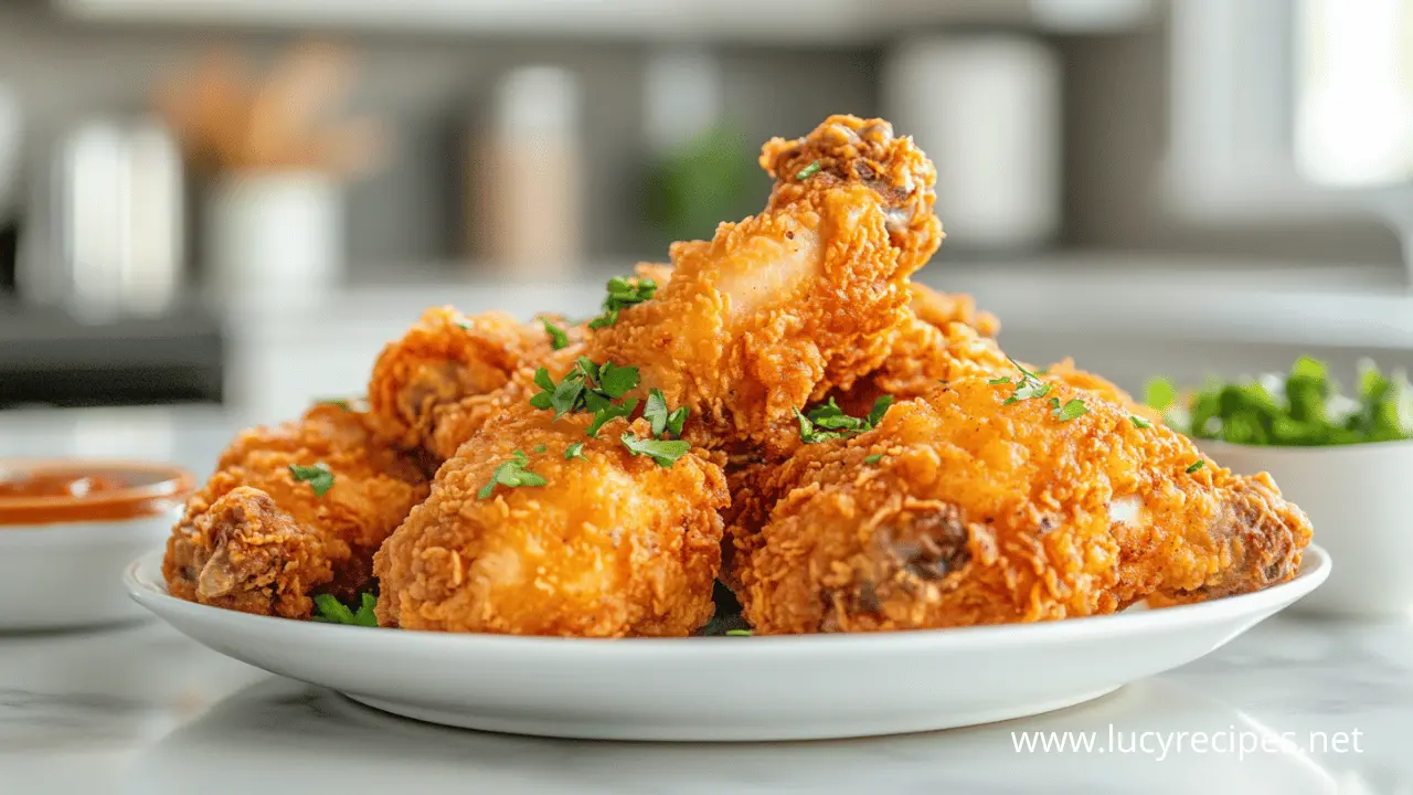 A plate of golden, crispy fried chicken with a crunchy coating, garnished with fresh parsley, highlighting the debate of Flour vs Cornstarch for Crispy Chicken.