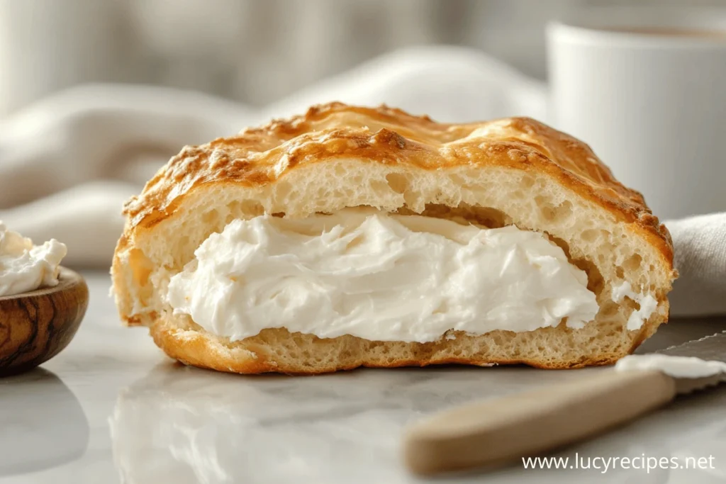 A close-up of a freshly baked bagel cut in half and generously filled with smooth cream cheese. Bagel with cream cheese calories can vary based on portion size and ingredients