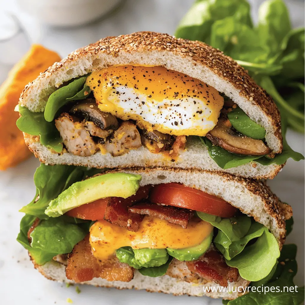 A breakfast roll filled with a poached egg, crispy bacon, avocado, spinach, tomatoes, mushrooms, and melted cheese, served on a seeded bun.