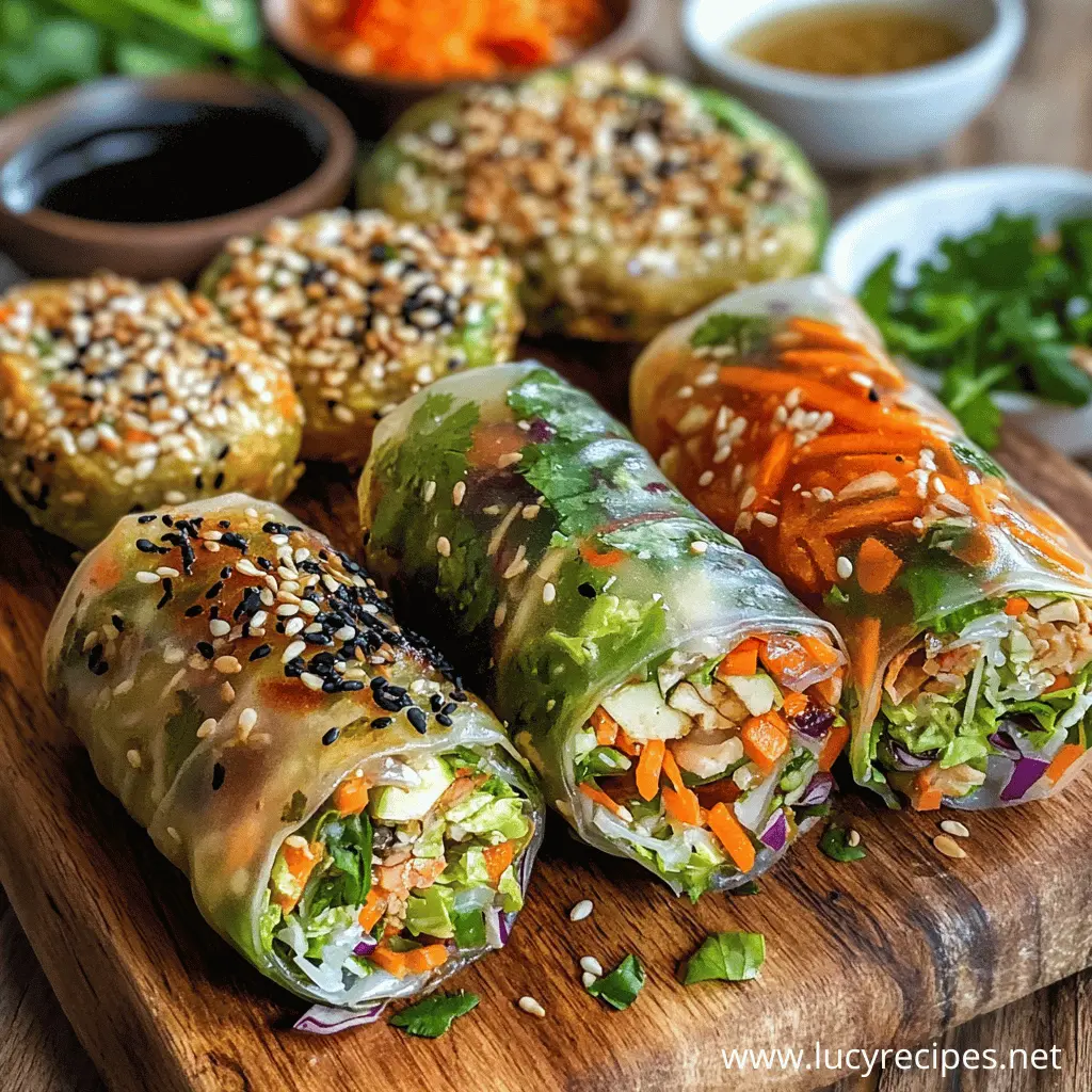 A colorful selection of fresh Vietnamese-style spring rolls made with rice paper, filled with crisp vegetables, tofu, and sesame seeds. Are egg rolls healthy? Discover the fresh, low-calorie alternative with vibrant flavors.