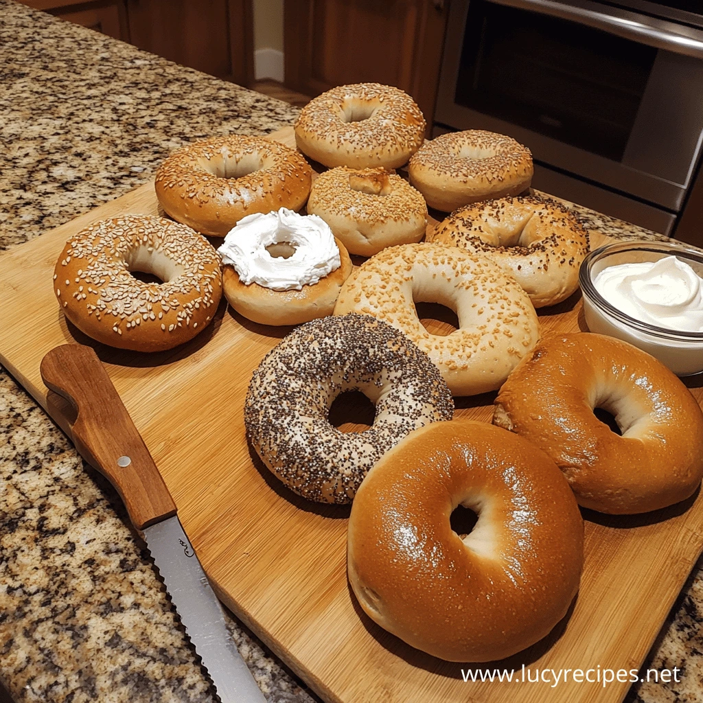 A wooden board filled with different types of bagels, including sesame, poppy seed, and plain, with a knife and cream cheese spread nearby. How many calories are in one bagel with cream cheese?