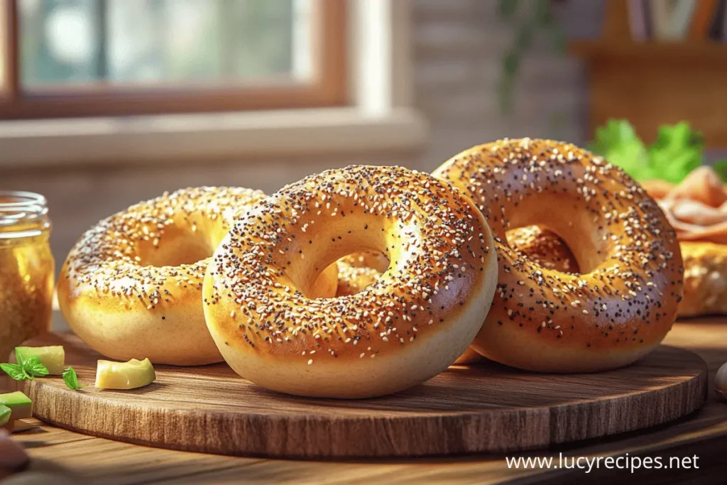 A close-up of three freshly baked everything bagels on a wooden serving board, sprinkled with sesame seeds, poppy seeds, and seasonings.