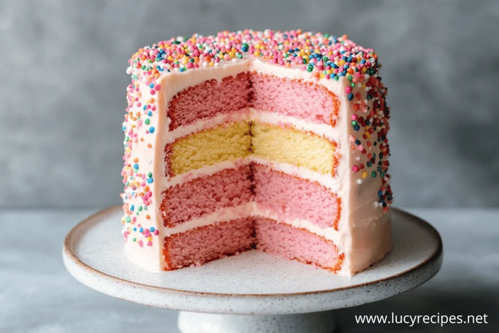 A vibrant three-layer cake with pink and yellow sponge, covered in light pink frosting and colorful sprinkles, displayed on a white cake stand.