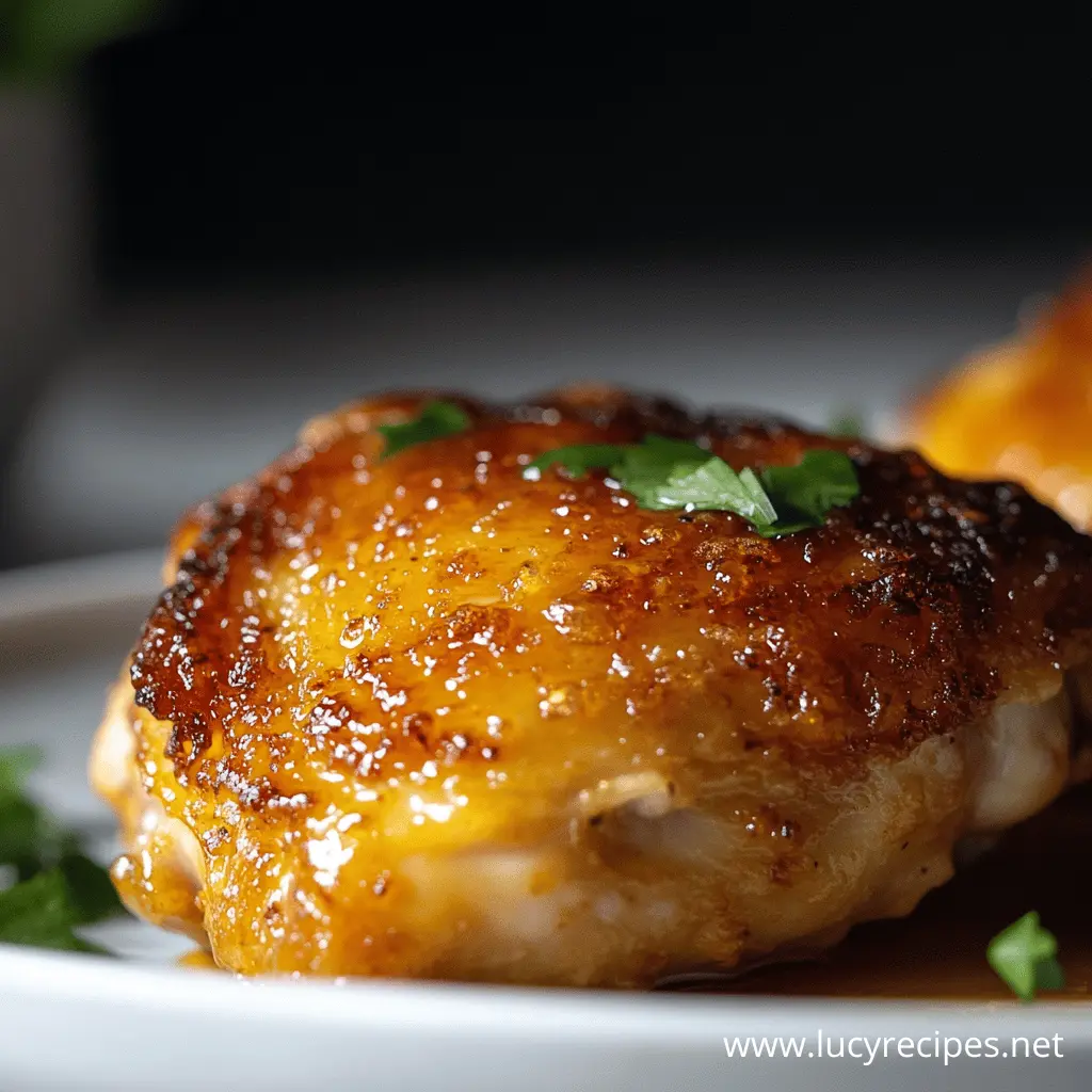 Crispy Chicken Skin on a golden-brown honey garlic glazed chicken thigh, garnished with fresh herbs and served on a white plate.