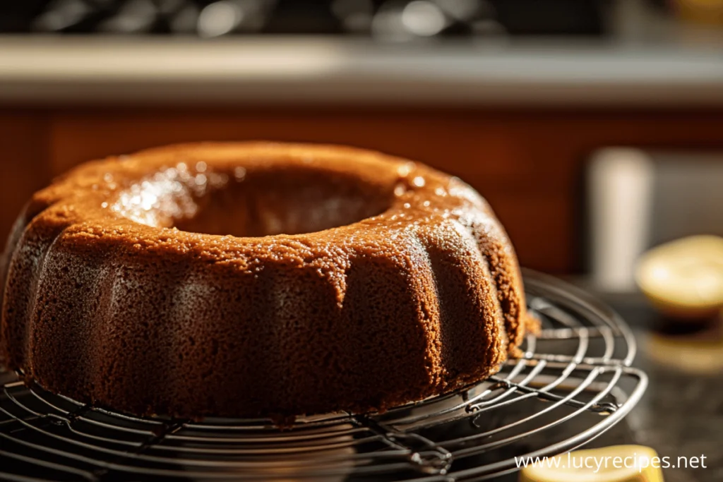 A freshly baked golden bundt cake placed on a cooling rack, with a warm kitchen background and soft lighting.