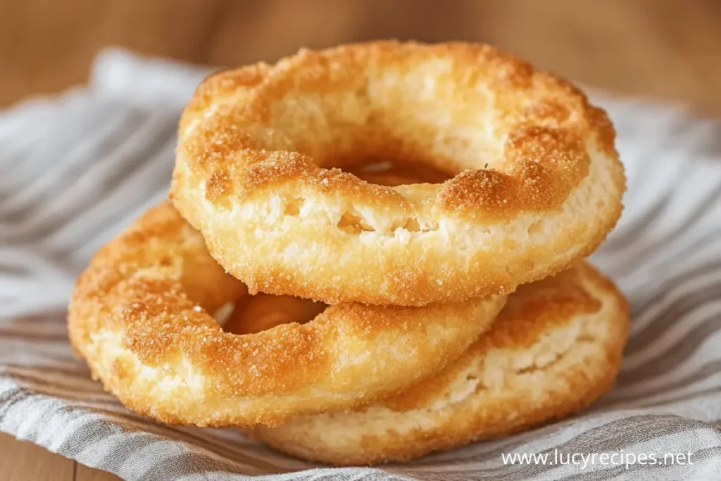 A close-up of three golden, crispy bagels stacked on a striped cloth, highlighting their textured crust and soft interior.