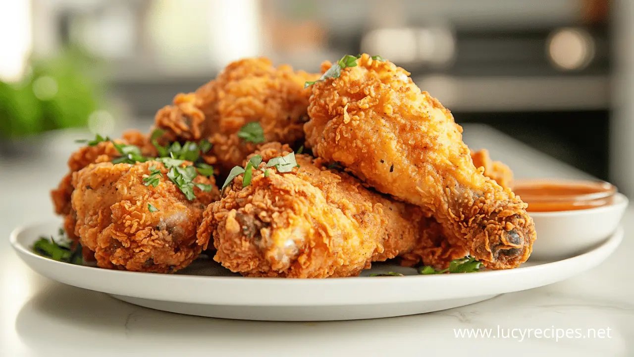 Plate of golden-brown fried chicken garnished with fresh herbs, showcasing crispy chicken skin with a side of dipping sauce.