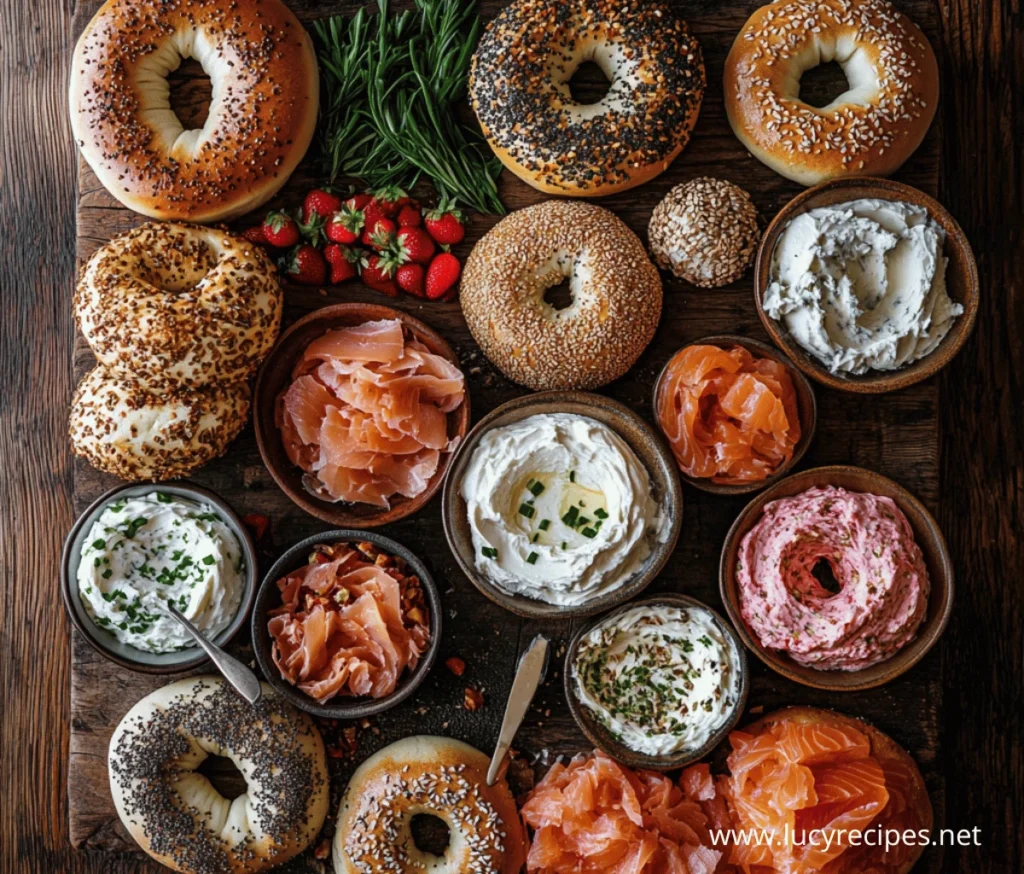 A beautifully arranged bagel board featuring various types of bagels, smoked salmon, and flavored cream cheeses. Does cream cheese taste good on a bagel?