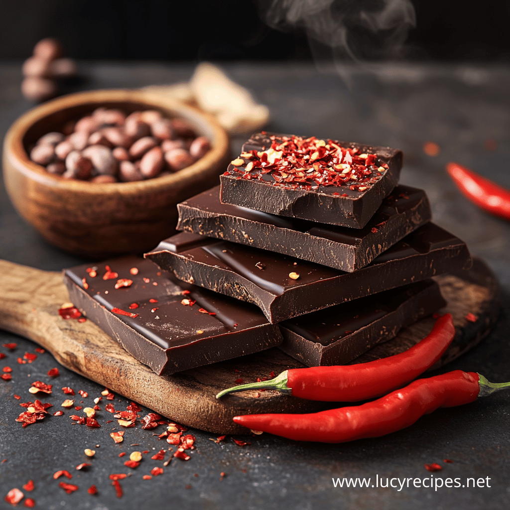 Can you get chilli chocolate? A decadent stack of dark chocolate bars infused with crushed red chilli flakes, placed on a wooden board with fresh red chillies and cocoa beans in the background.