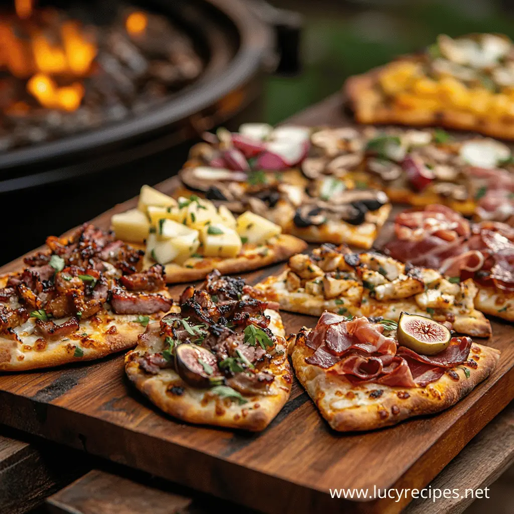 Can you make pizza on a Traeger? A wooden serving board holds a variety of gourmet grilled pizzas topped with figs, prosciutto, mushrooms, cheese, and grilled meats, with a Traeger grill glowing in the background.