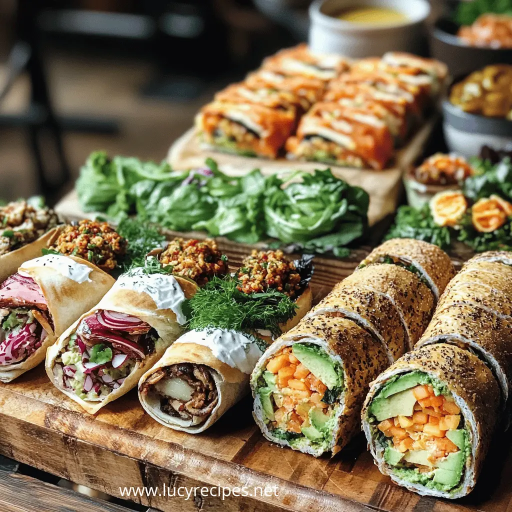 A beautifully arranged board of assorted gourmet rolls with fresh ingredients like avocado, carrots, radishes, meats, and herbs. What should I put in a roll? Discover creative and delicious roll ideas for any occasion.