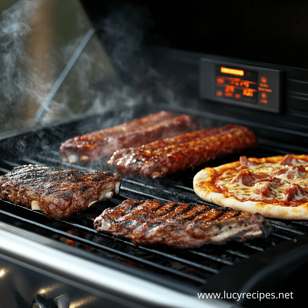 Can Traeger be used as a regular grill? A Traeger grill loaded with perfectly grilled ribs, smoky barbecue-glazed steaks, and a crispy meat pizza, with steam rising in a backyard setting