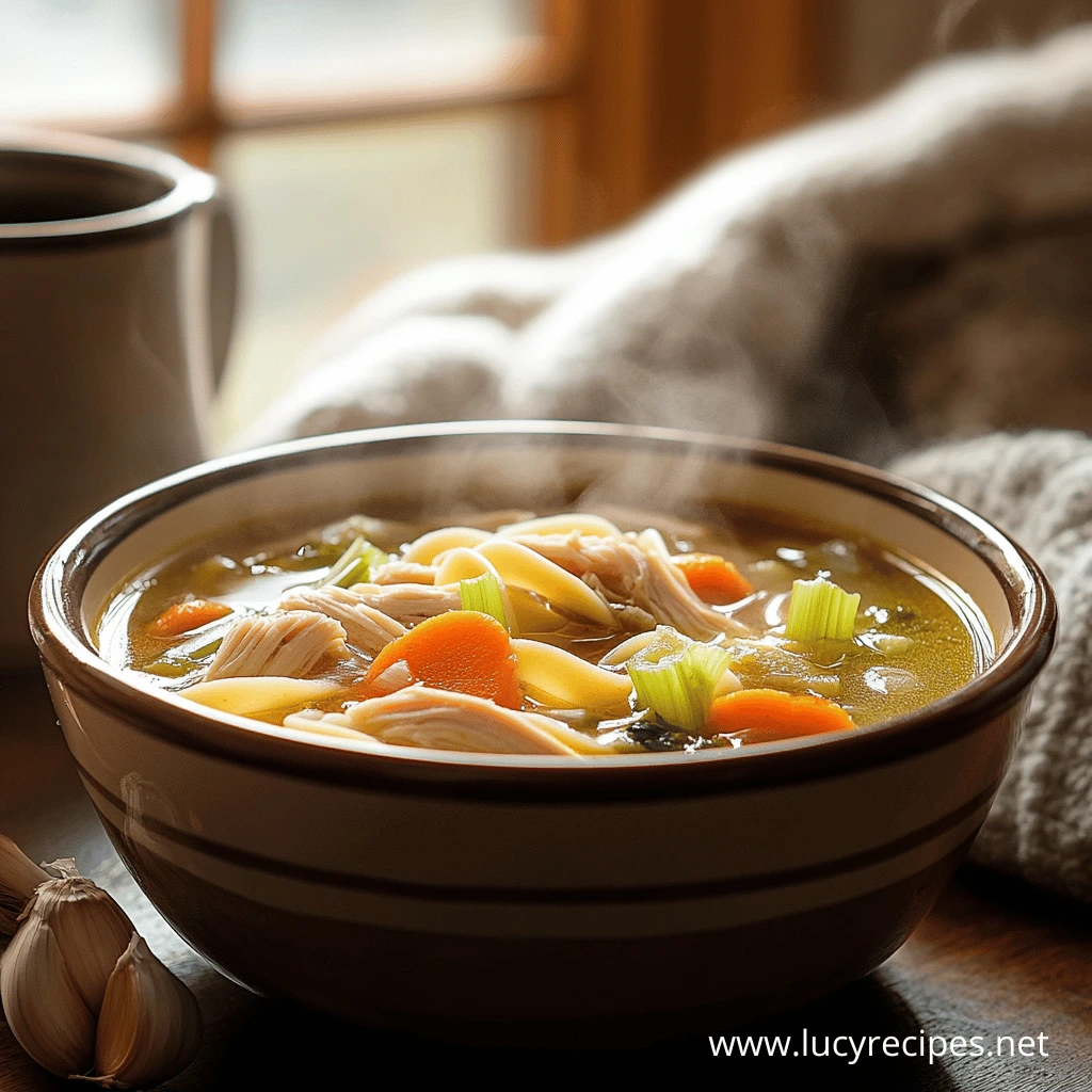 A steaming bowl of homemade chicken noodle soup with shredded chicken, egg noodles, carrots, and celery, served in a rustic setting. Why does chicken noodle soup help sore throat?