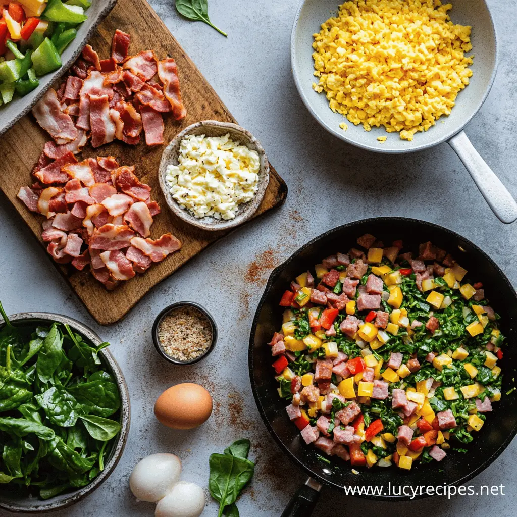 A delicious breakfast egg roll skillet with scrambled eggs, crispy bacon, ham, spinach, bell peppers, and cheese, perfect for a hearty and nutritious morning meal.