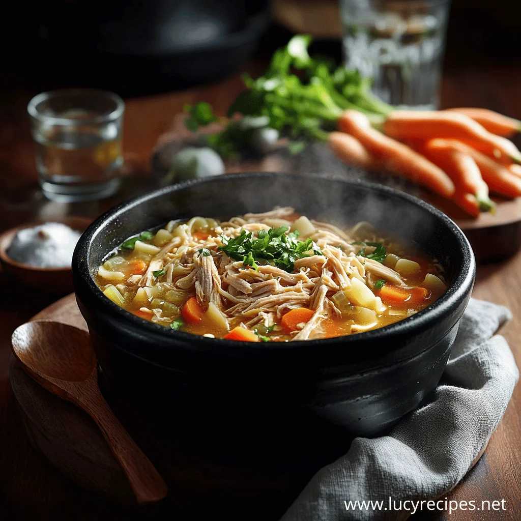 A steaming bowl of homemade chicken noodle soup filled with tender shredded chicken, carrots, potatoes, and fresh herbs, served in a rustic black bowl for the perfect comforting meal.