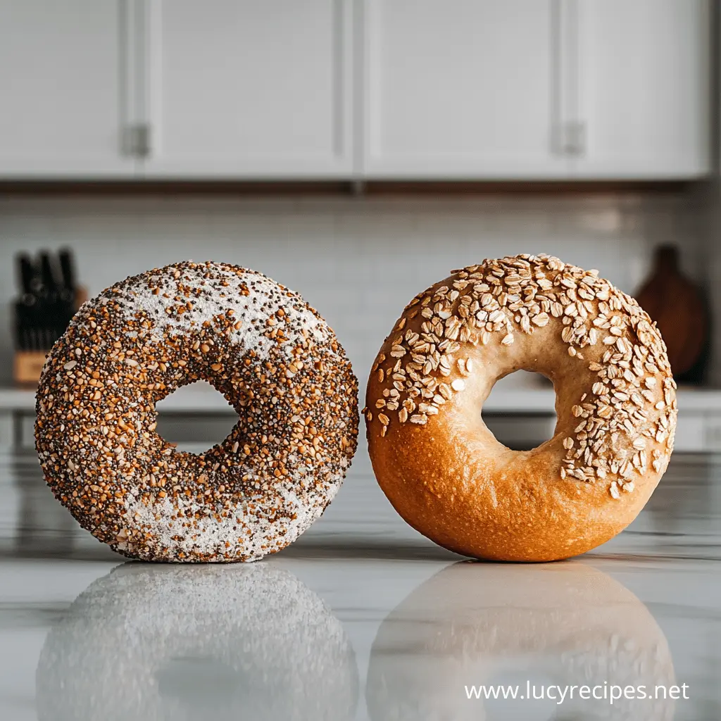 Two freshly baked bagels with different toppings sit on a marble countertop in a modern kitchen. One is covered in a variety of seeds, while the other is topped with oats. Is A Bagel With Cream Cheese Healthy?