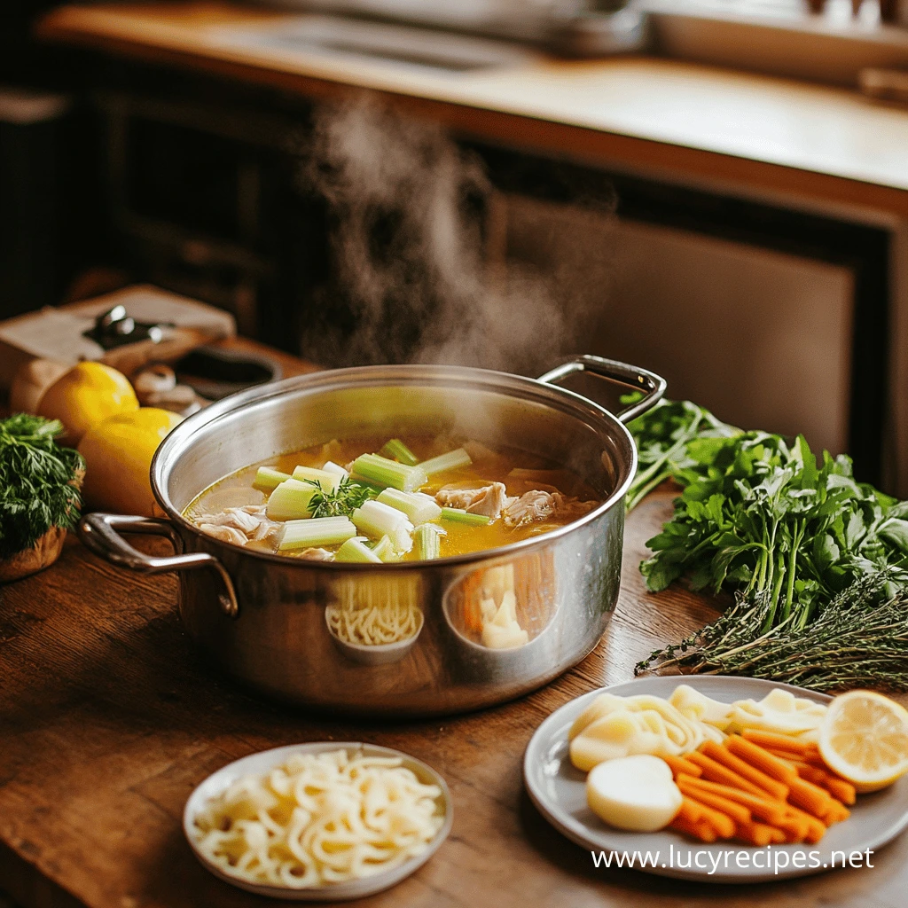 A large pot of homemade chicken broth simmering with fresh ingredients like celery, carrots, and herbs on a rustic wooden countertop. This nutrient-rich broth makes people wonder: Why is my chicken noodle soup jelly?