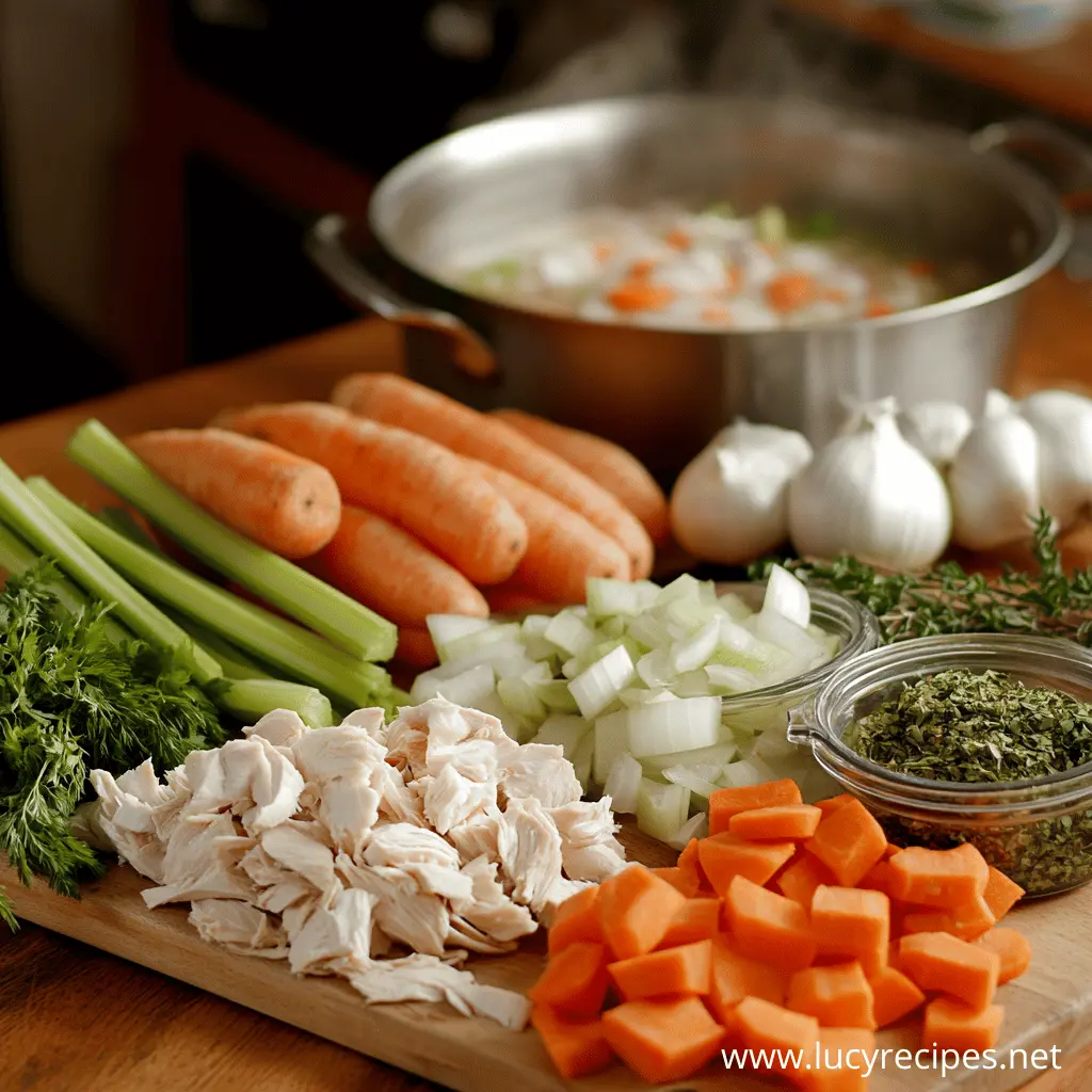 Fresh ingredients for a delicious homemade chicken noodle soup, including shredded chicken, carrots, celery, onions, garlic, and herbs, with a steaming pot of broth in the background.